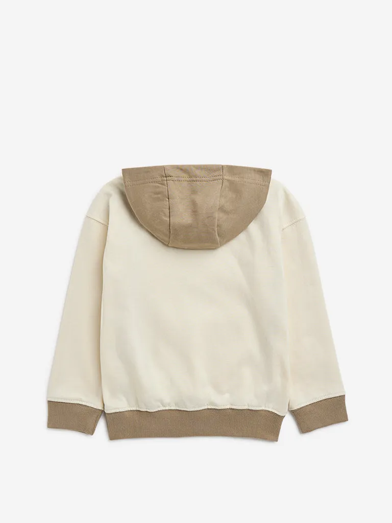 HOP Kids Taupe Text Printed Cotton Hoodie