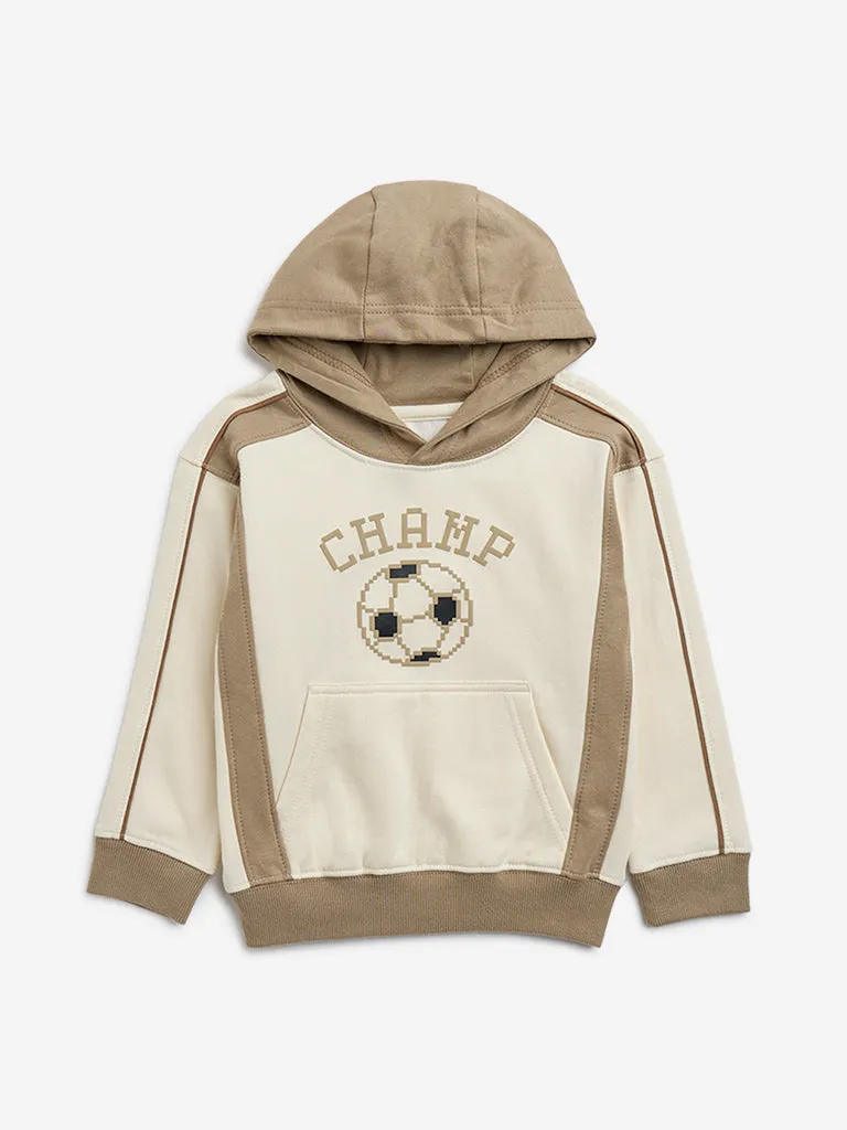 HOP Kids Taupe Text Printed Cotton Hoodie