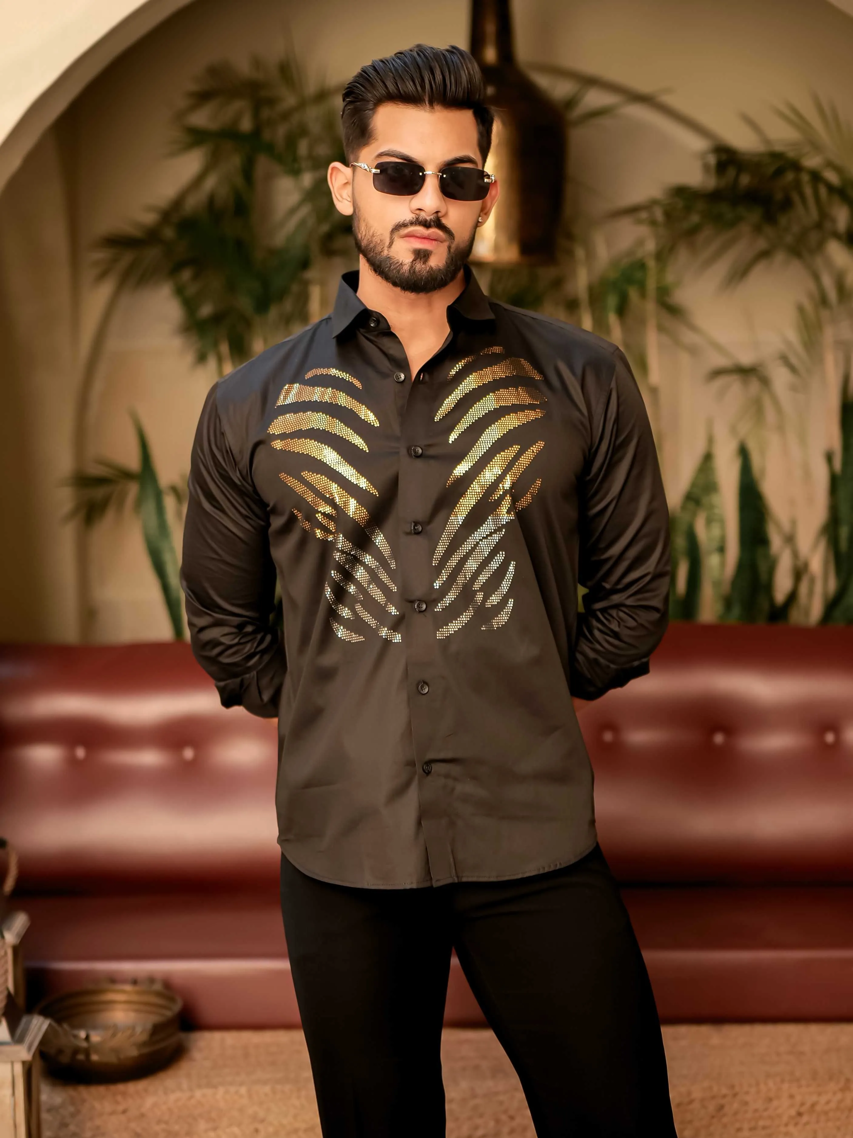 Hot Black Sequence Club Wear Satin Cotton Party Shirt