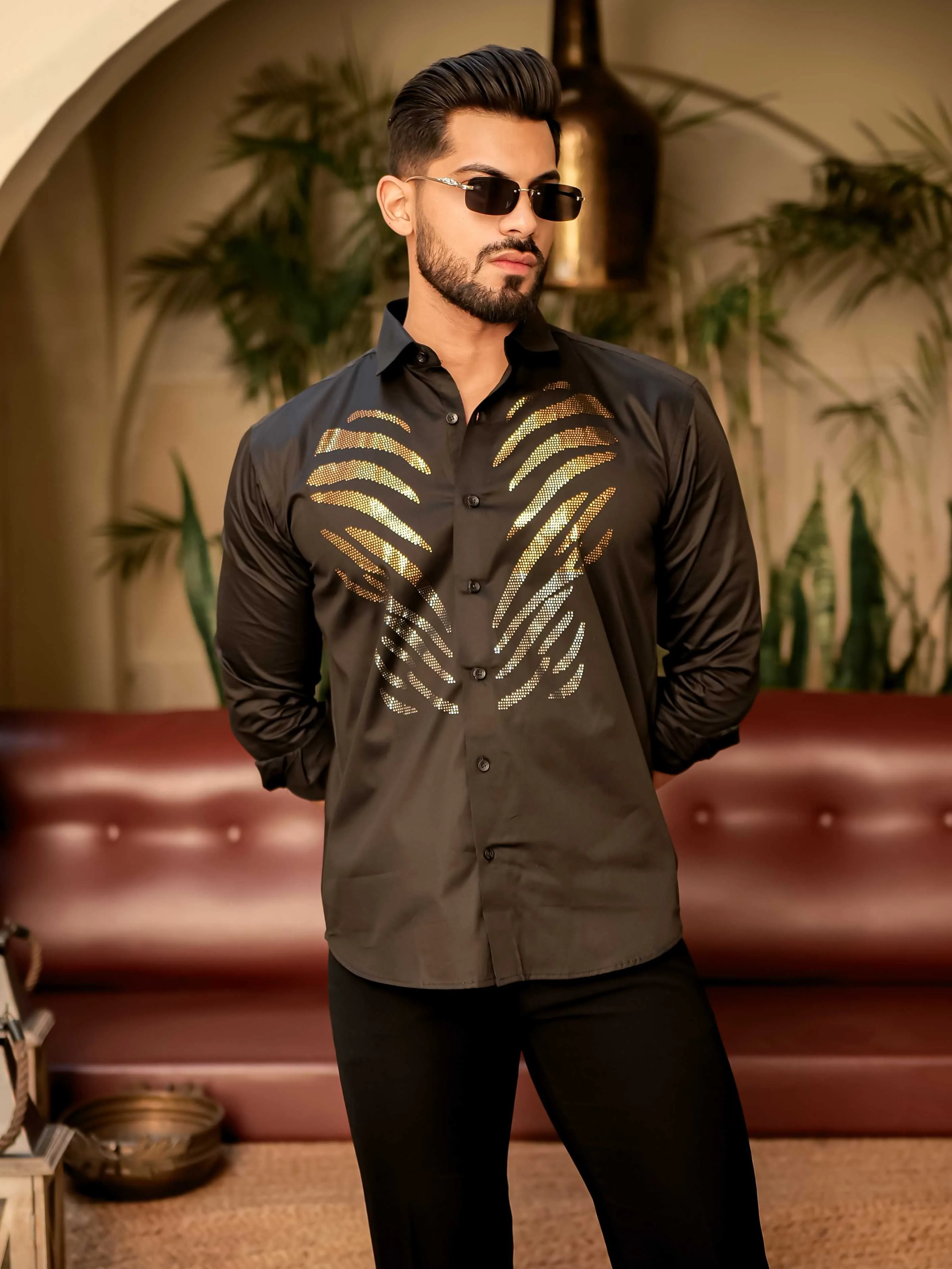 Hot Black Sequence Club Wear Satin Cotton Party Shirt