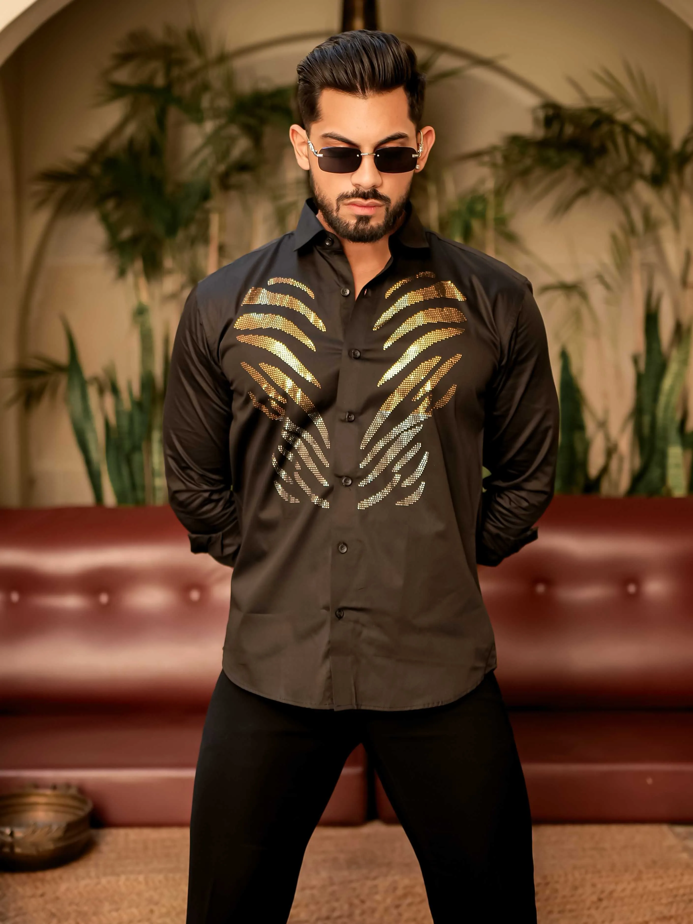 Hot Black Sequence Club Wear Satin Cotton Party Shirt