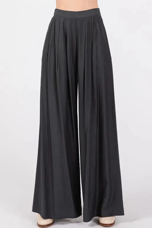 In Office Front Pleated Wide Leg Trouser Pants (Assorted Colors)