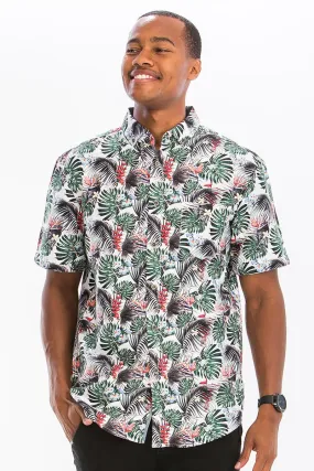 Island Breeze Men's Grey Hawaiian Button-Down Shirt with Unique Prints