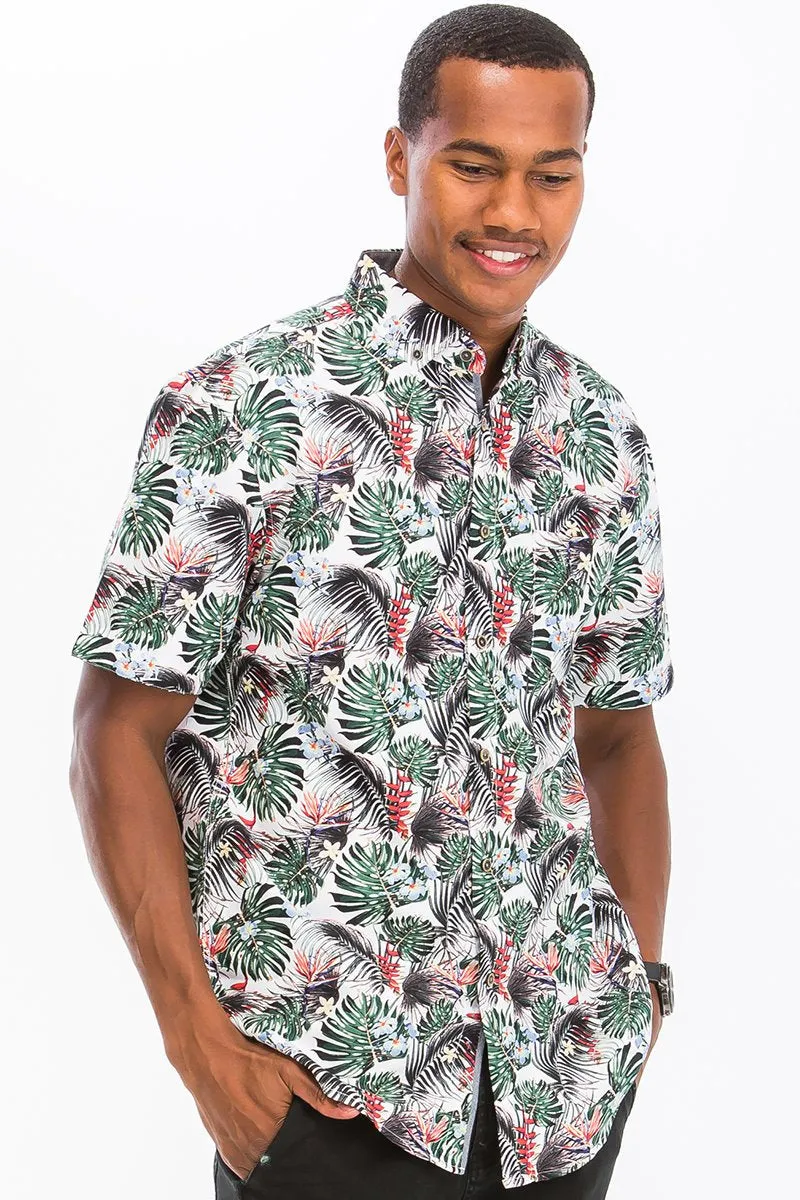 Island Breeze Men's Grey Hawaiian Button-Down Shirt with Unique Prints