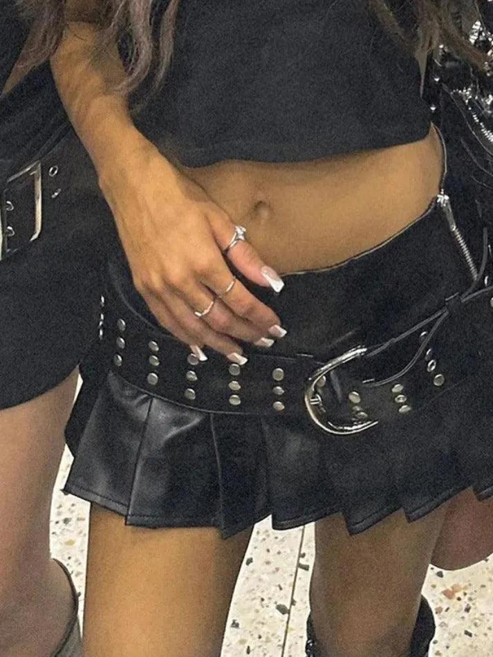 Joskaa Punk Rivet Belted Pleated Slit Leather Mini Skirt