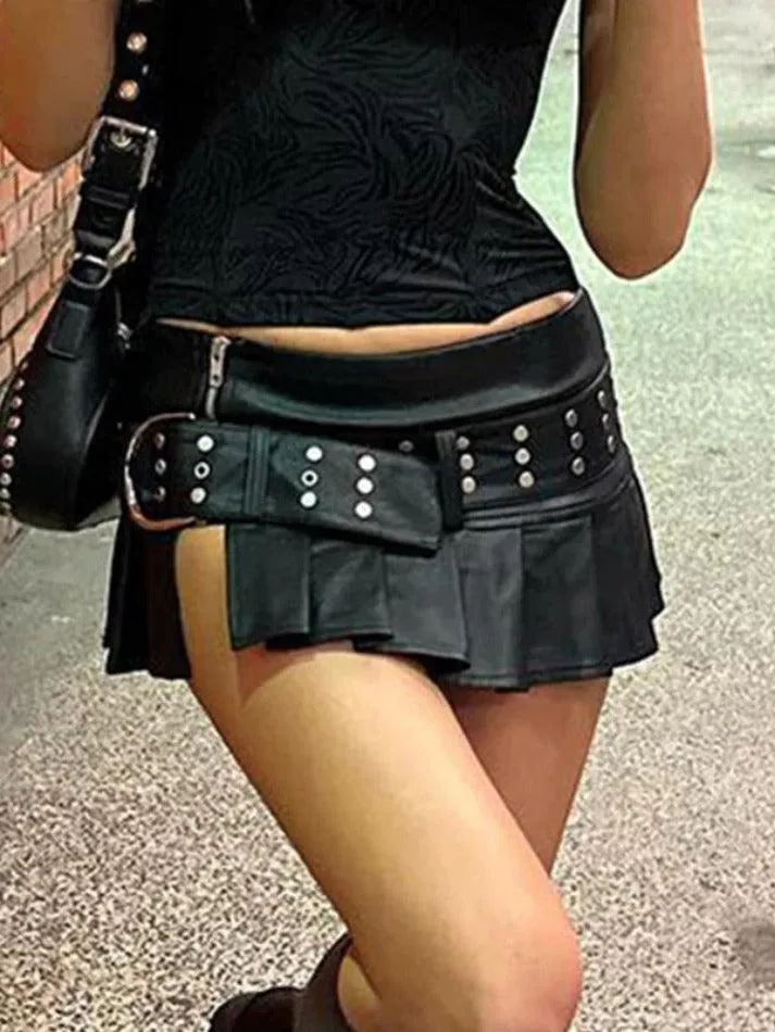 Joskaa Punk Rivet Belted Pleated Slit Leather Mini Skirt