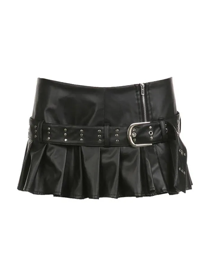 Joskaa Punk Rivet Belted Pleated Slit Leather Mini Skirt