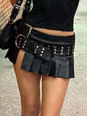 Joskaa Punk Rivet Belted Pleated Slit Leather Mini Skirt