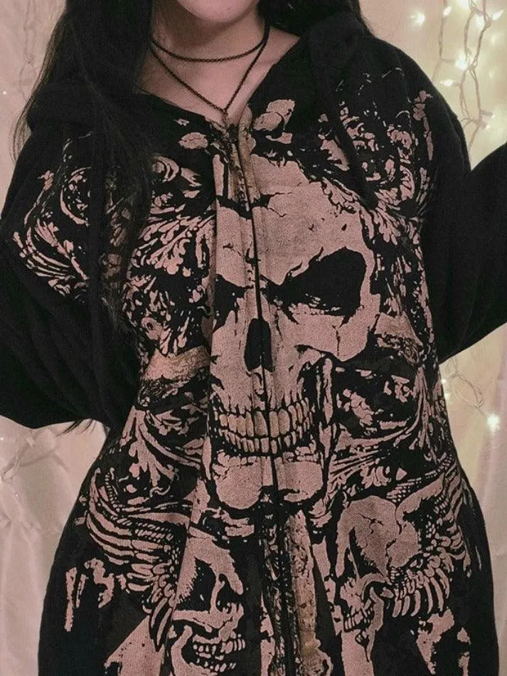 Joskaa Skull Print Zip Up Oversized Hoodie