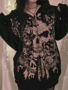 Joskaa Skull Print Zip Up Oversized Hoodie