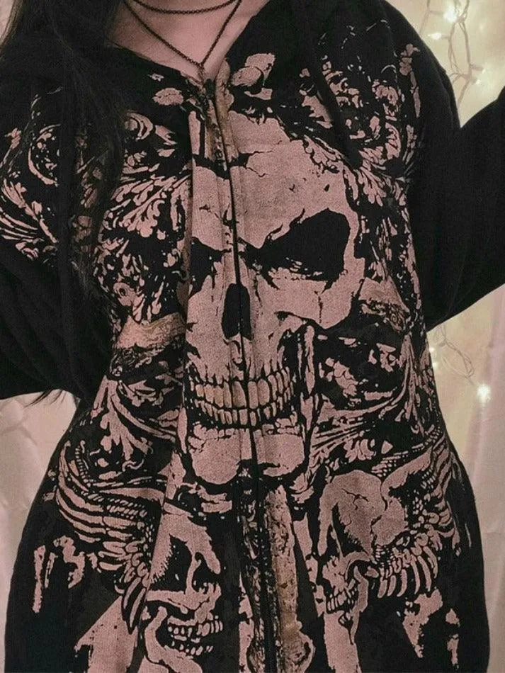 Joskaa Skull Print Zip Up Oversized Hoodie