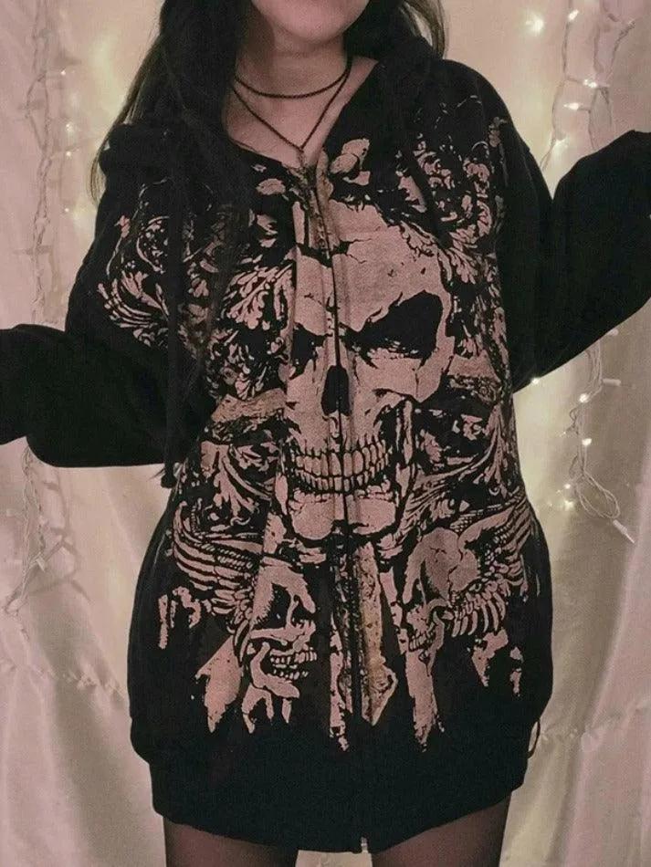 Joskaa Skull Print Zip Up Oversized Hoodie