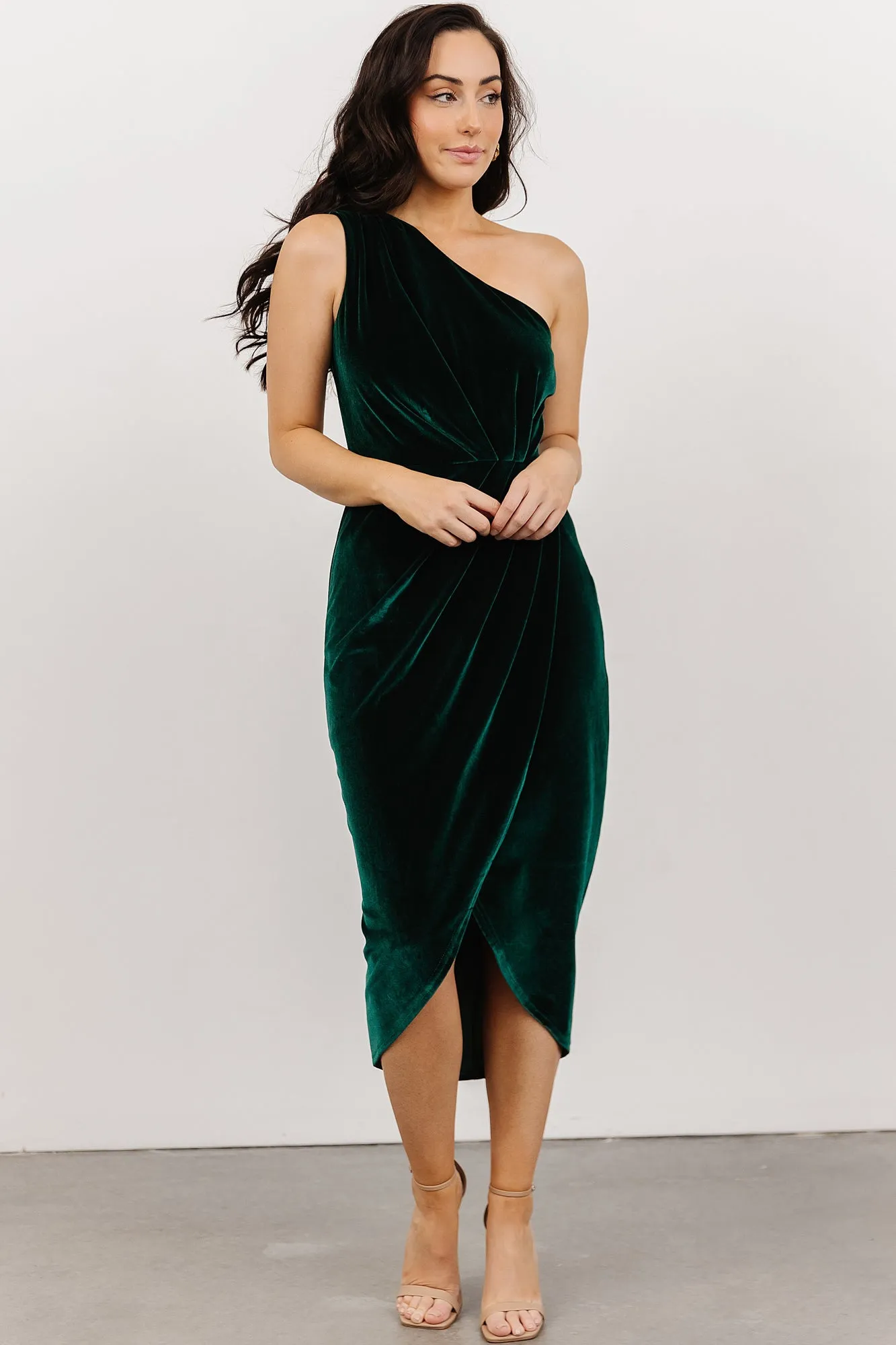 Kourtney Velvet One Shoulder Midi Dress | Emerald