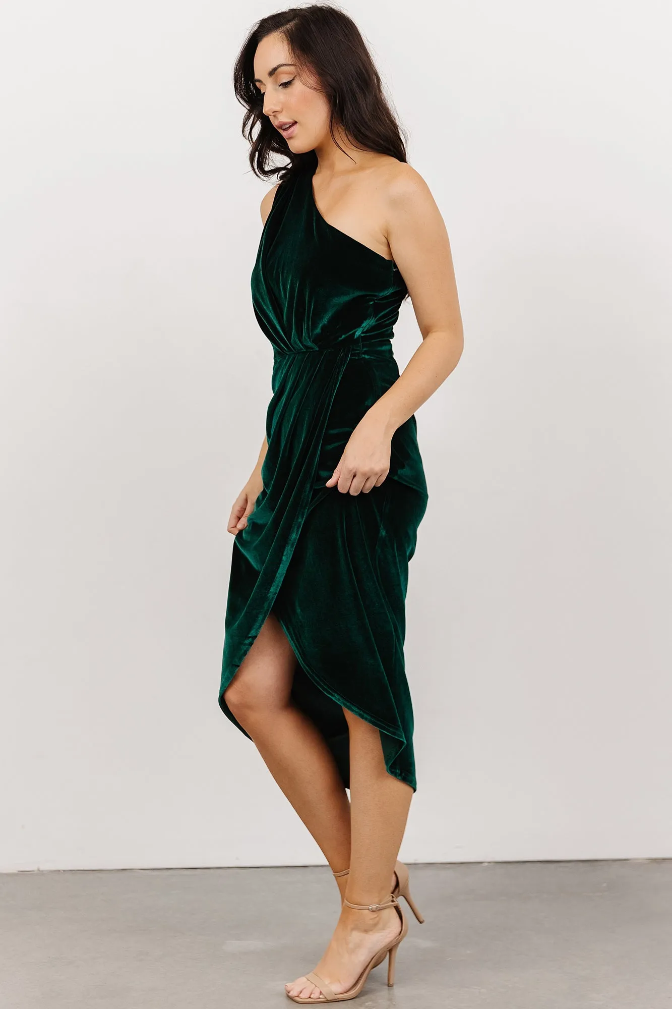 Kourtney Velvet One Shoulder Midi Dress | Emerald