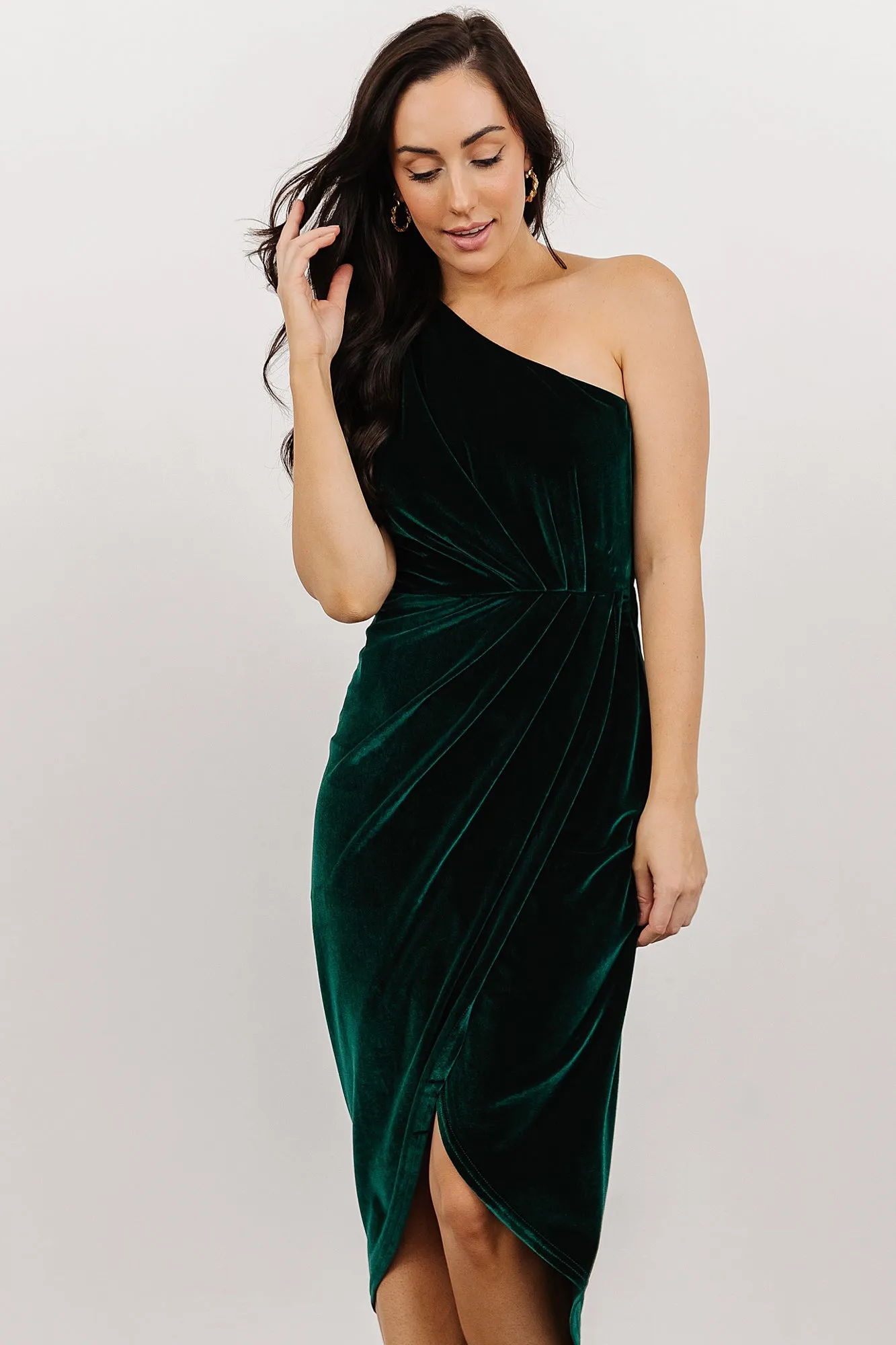 Kourtney Velvet One Shoulder Midi Dress | Emerald