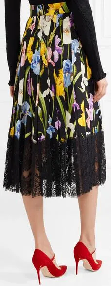 Lace-Trimmed Pleated Floral-Print Silk-Blend Midi Skirt