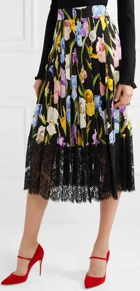 Lace-Trimmed Pleated Floral-Print Silk-Blend Midi Skirt