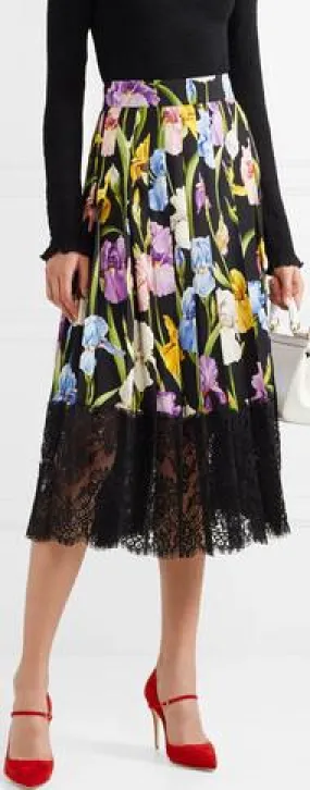 Lace-Trimmed Pleated Floral-Print Silk-Blend Midi Skirt