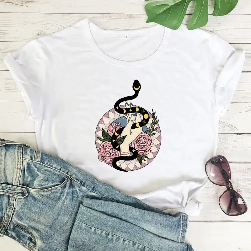 Ladies Summer T-Shirt Snake with Breathable Fabric & Stylish Snake Print - Size Options S-XXXL