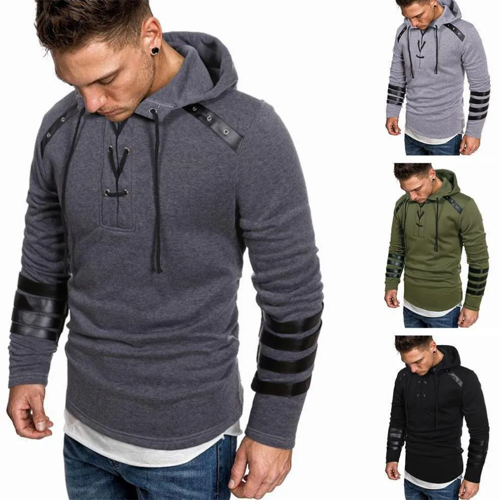 Leather Fashion Patchwork Hooded Sweatshirt 77073967YM