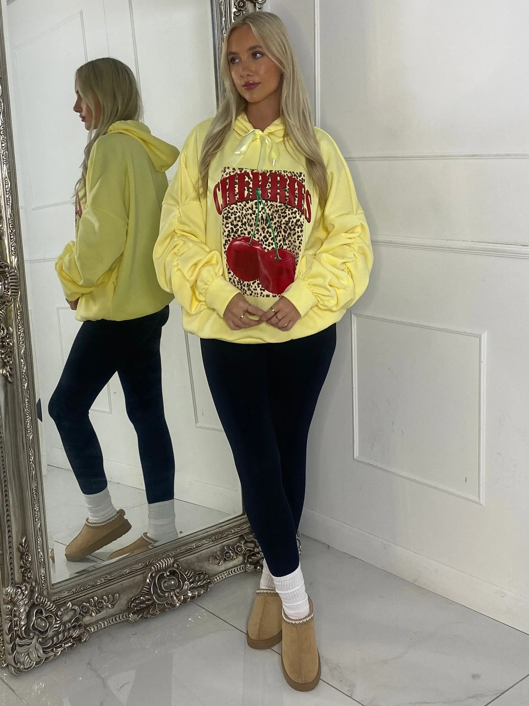 Leopard Box Cherries Print Ruche Sleeve Hoodie - Yellow