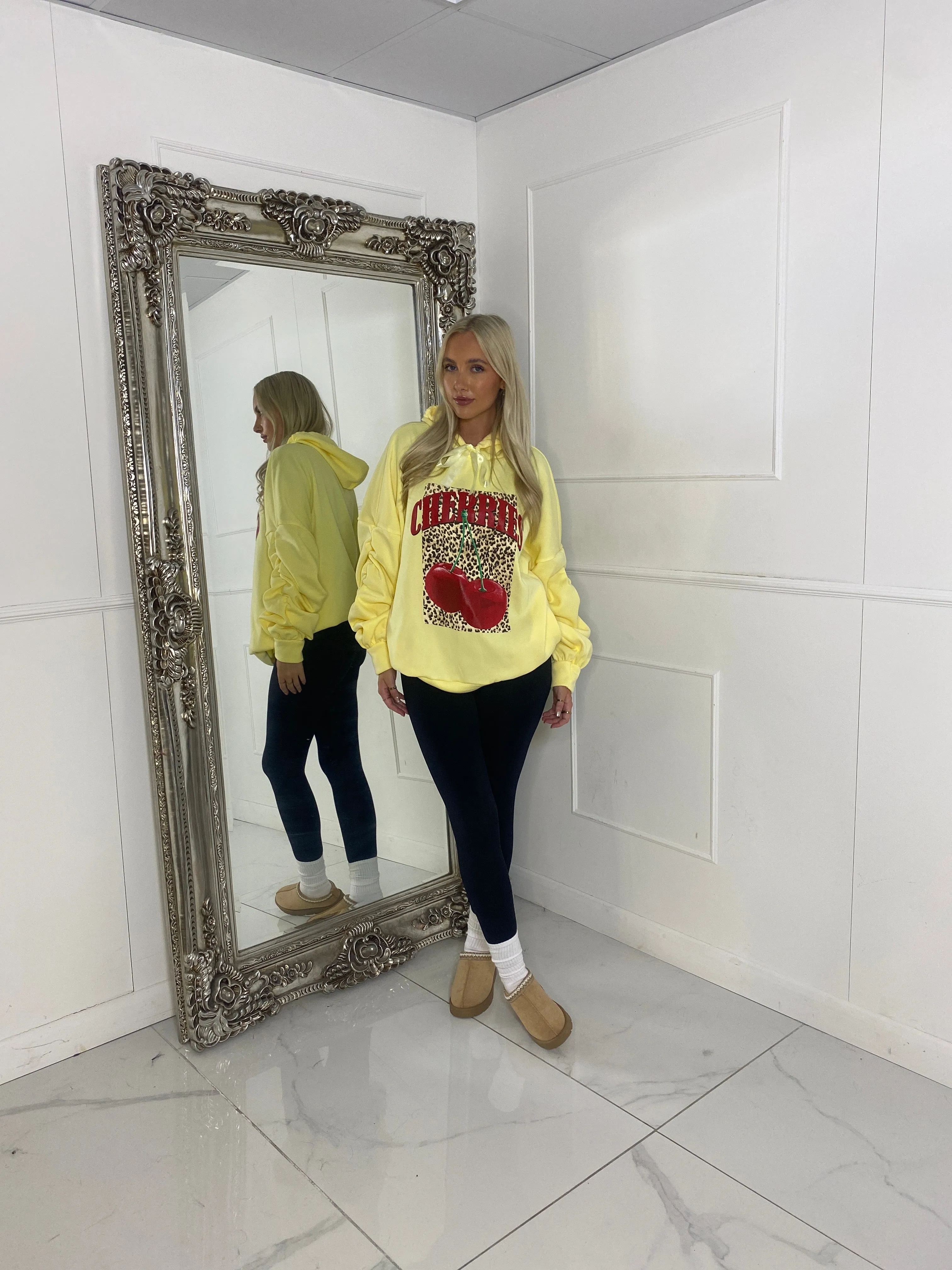 Leopard Box Cherries Print Ruche Sleeve Hoodie - Yellow