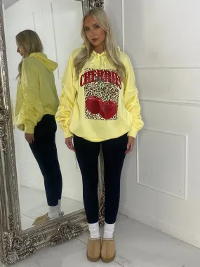 Leopard Box Cherries Print Ruche Sleeve Hoodie - Yellow