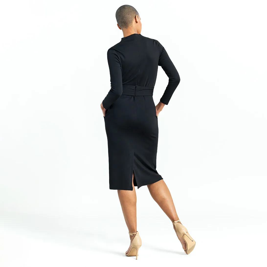 Lightweight Ponte - Tie Waist Pocket Midi Dress - Black - Final Sale!