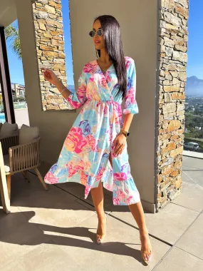 Lillie Blue Floral Wrap Top Style Midi Dress