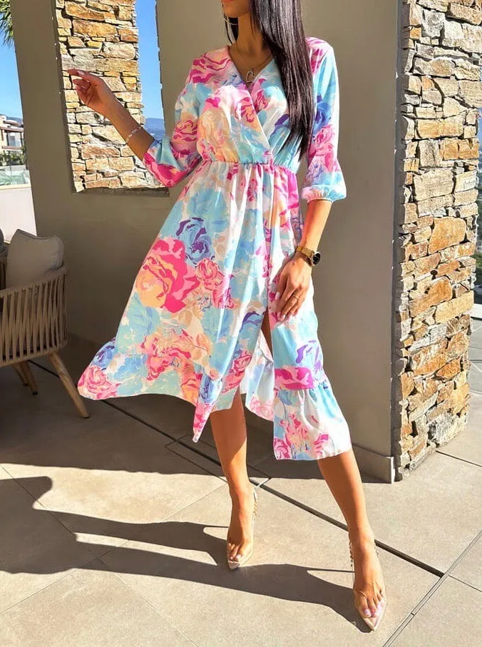 Lillie Blue Floral Wrap Top Style Midi Dress