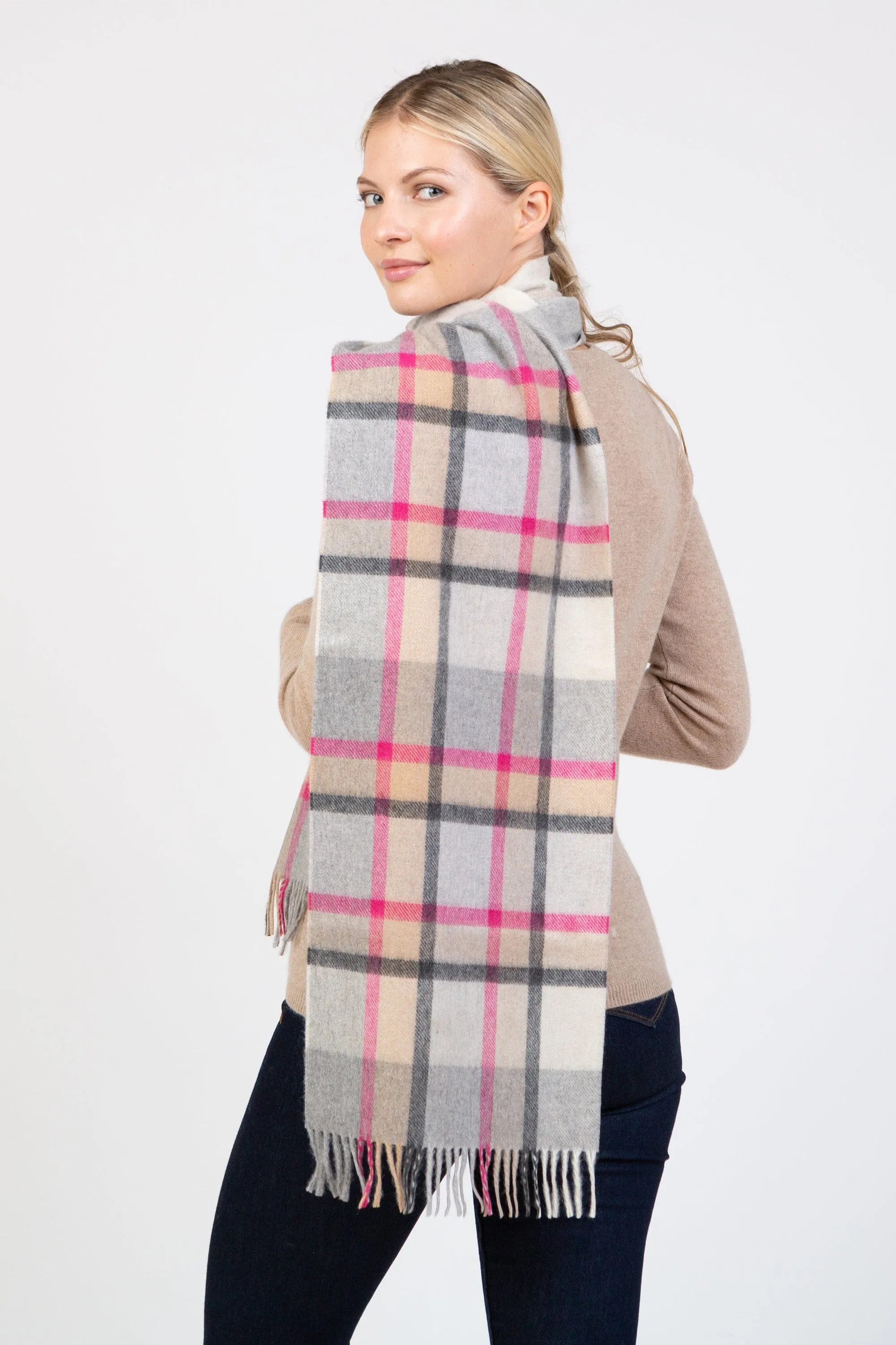 Made in Scotland Princeton Check Wide Cashmere Scarf - Pink