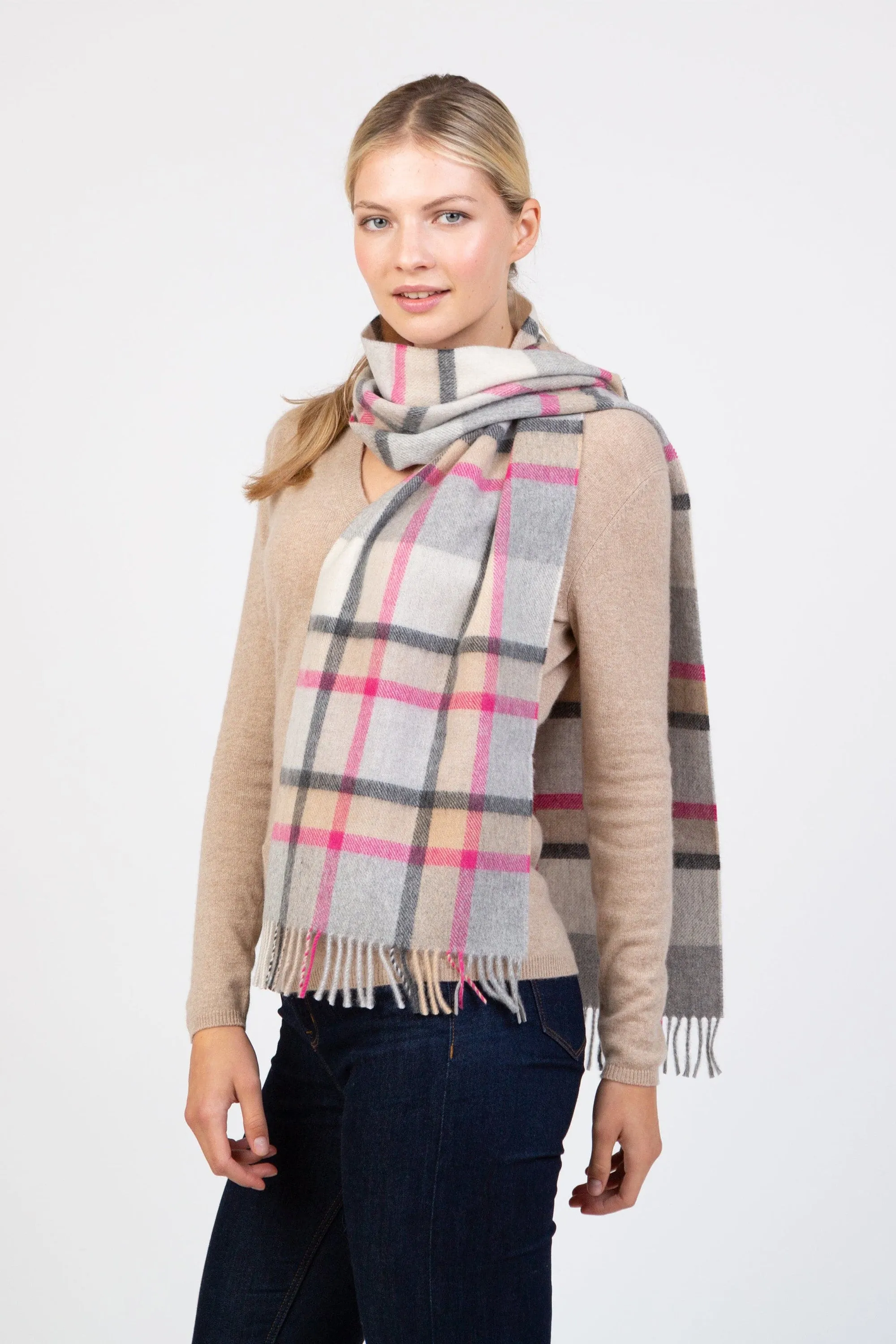 Made in Scotland Princeton Check Wide Cashmere Scarf - Pink