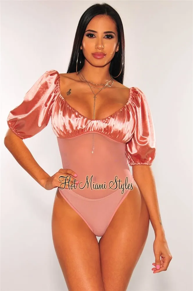 Mauve Satin Balloon Sleeves Mesh Bodysuit