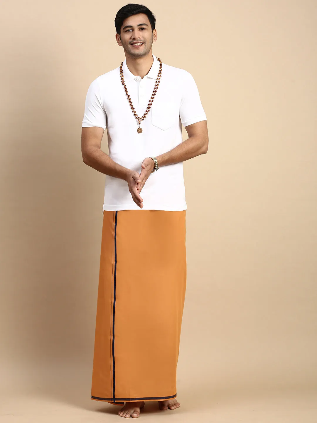 Men Devotional Big Border Dhoti & TShirt Set Kavi EP1