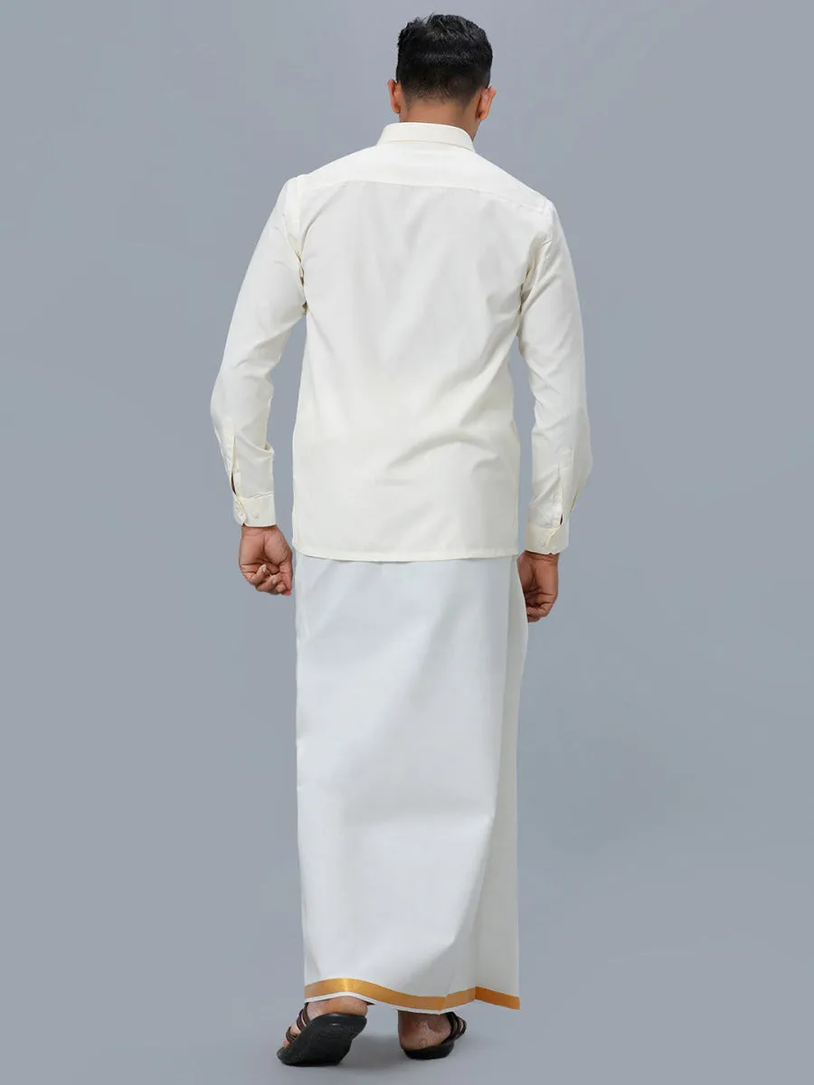 Men Full Sleeves Cream Shirt with Gold Jari 3/4" inch Double Dhoti Combo