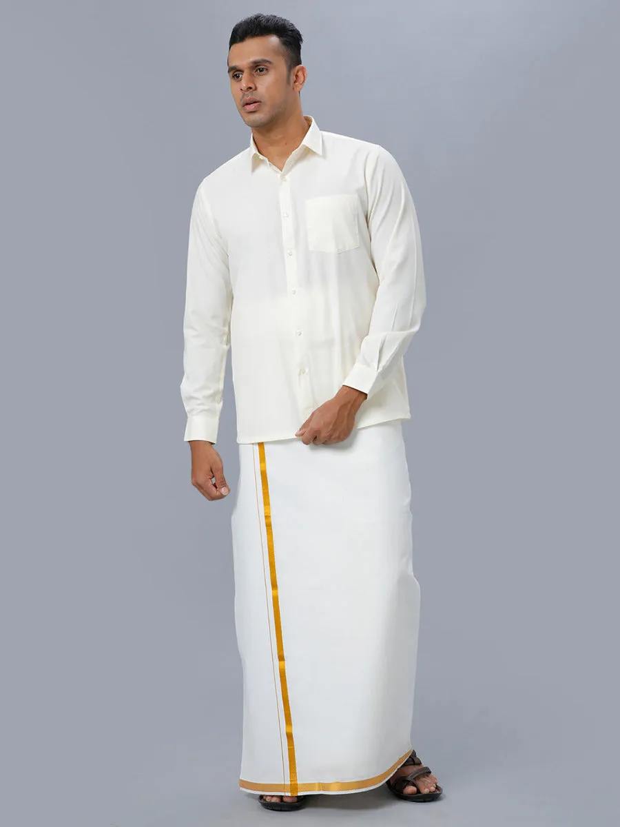 Men Full Sleeves Cream Shirt with Gold Jari 3/4" inch Double Dhoti Combo