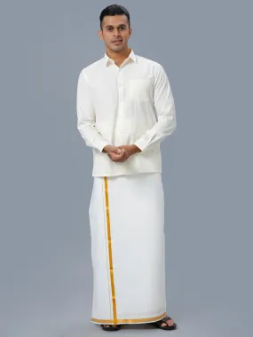 Men Full Sleeves Cream Shirt with Gold Jari 3/4" inch Double Dhoti Combo