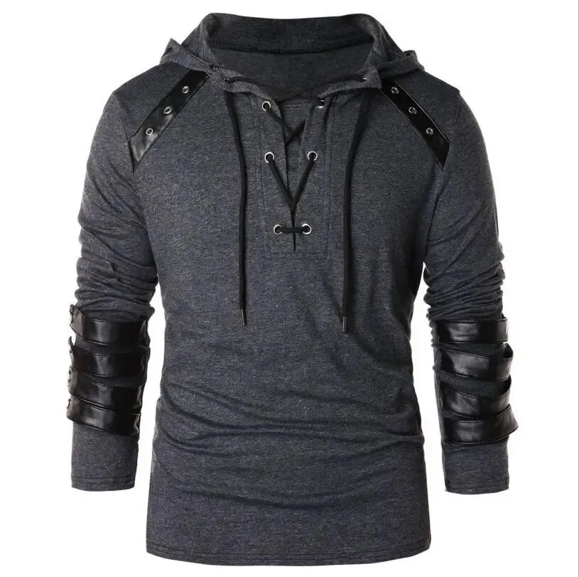 Men Gothic Steampunk Hooded Hoodie Triple Viking Shirt