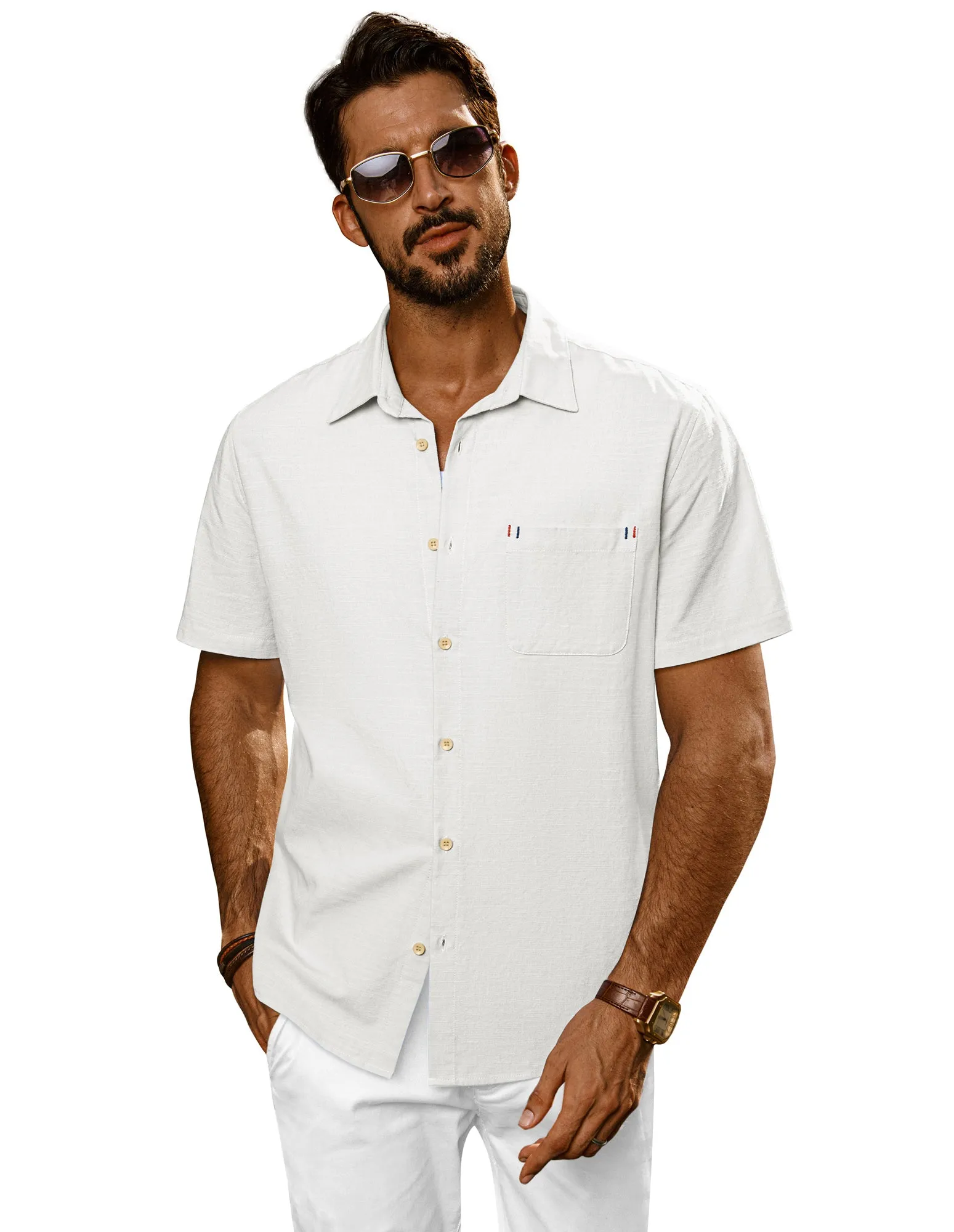 Men Straight Shirt Casual Short Sleeve Lapel Collar Button-up Tops