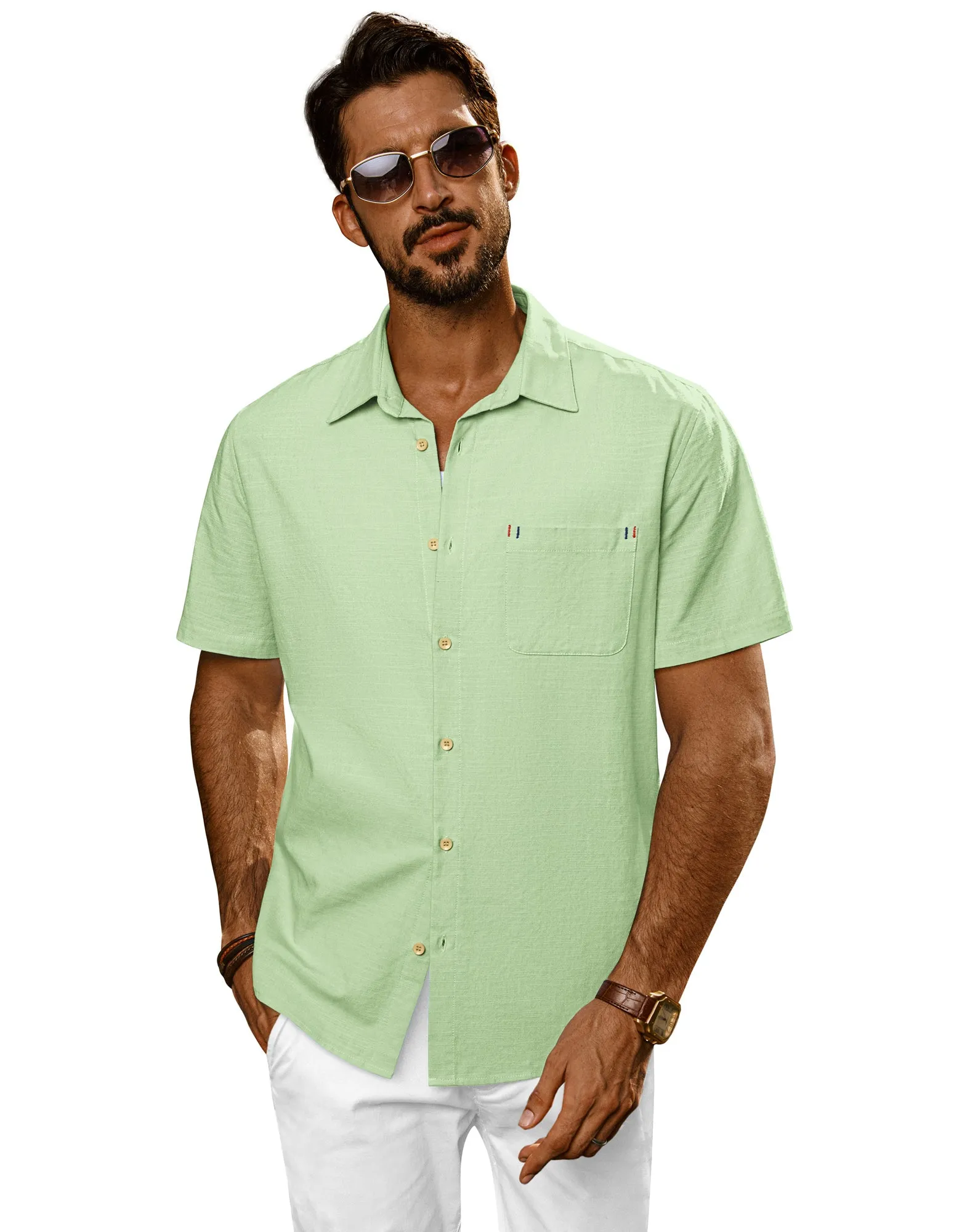 Men Straight Shirt Casual Short Sleeve Lapel Collar Button-up Tops