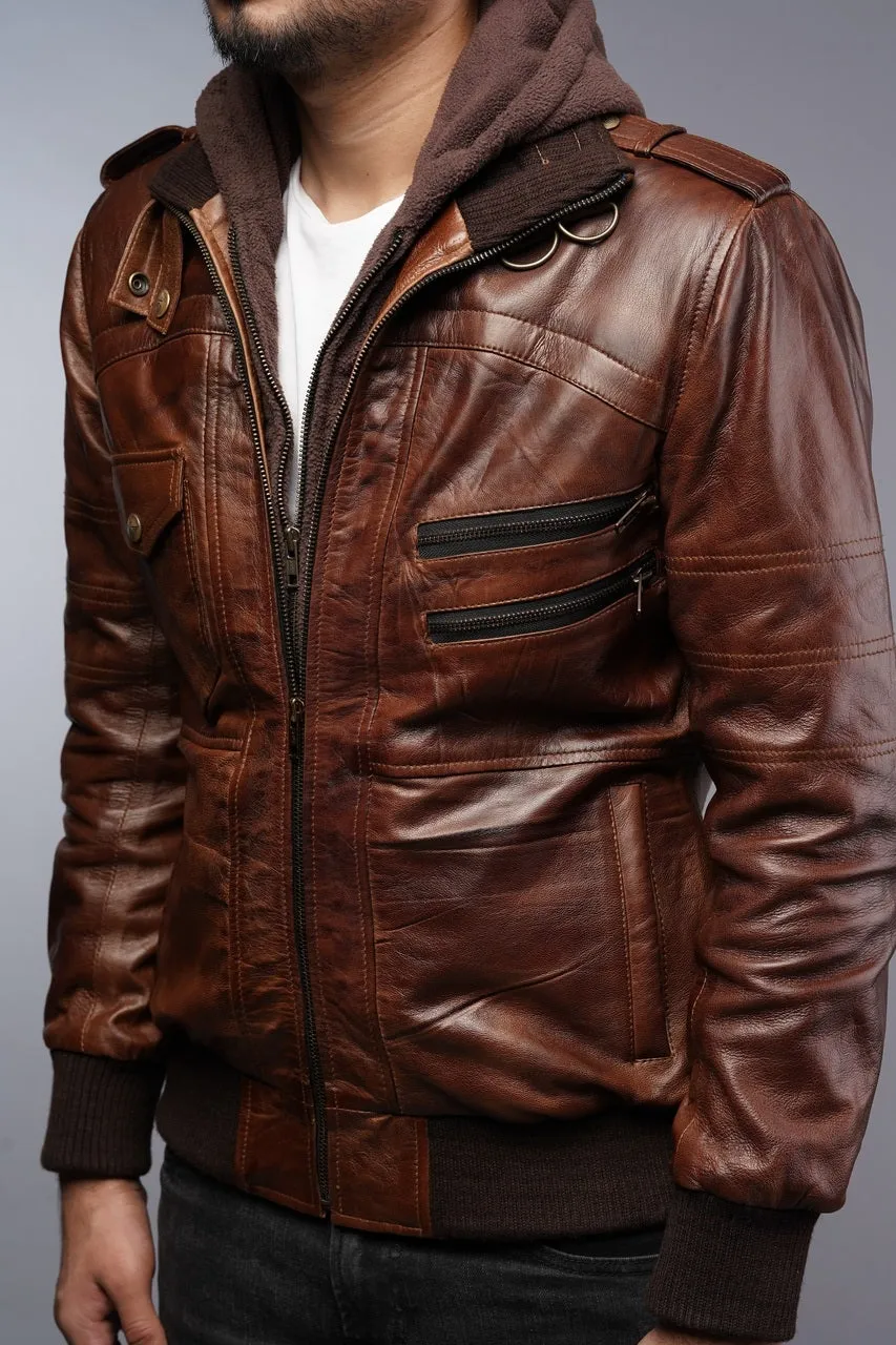 Mens Removable Hoodie Waxed Brown Leather Jacket