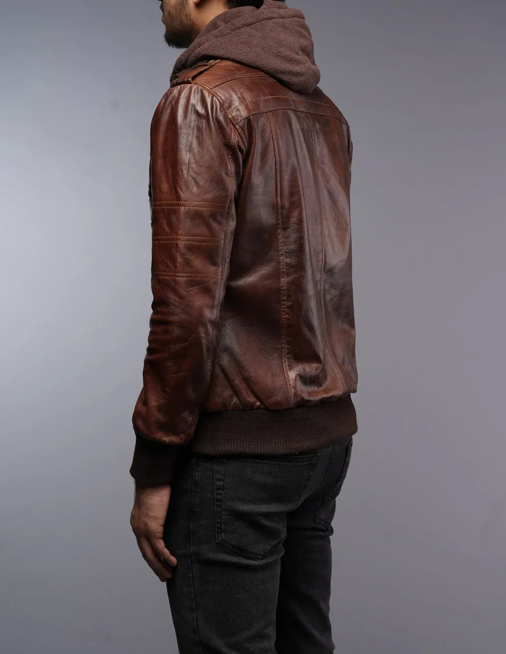 Mens Removable Hoodie Waxed Brown Leather Jacket