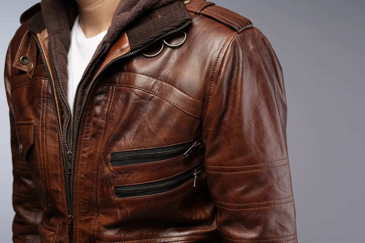 Mens Removable Hoodie Waxed Brown Leather Jacket