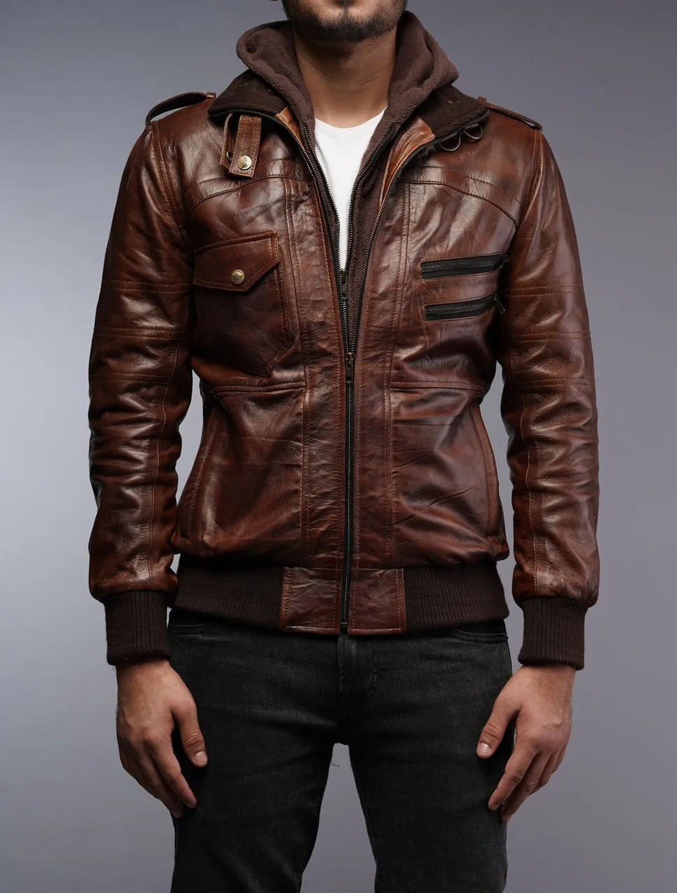 Mens Removable Hoodie Waxed Brown Leather Jacket