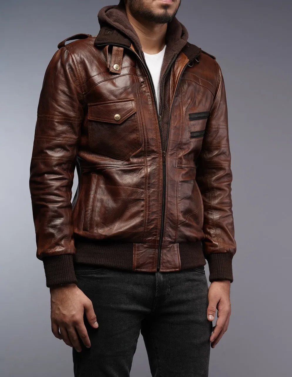 Mens Removable Hoodie Waxed Brown Leather Jacket