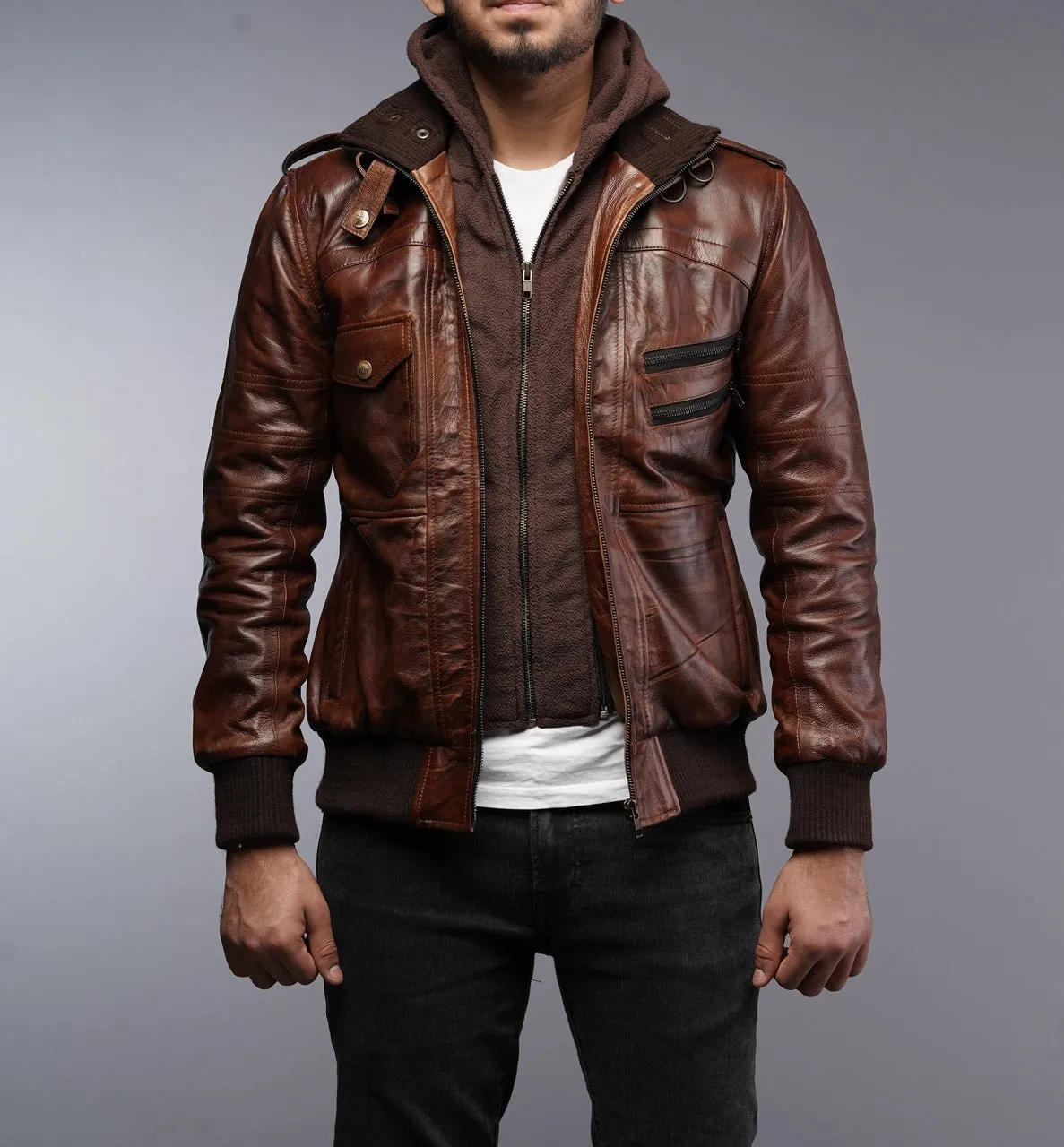 Mens Removable Hoodie Waxed Brown Leather Jacket