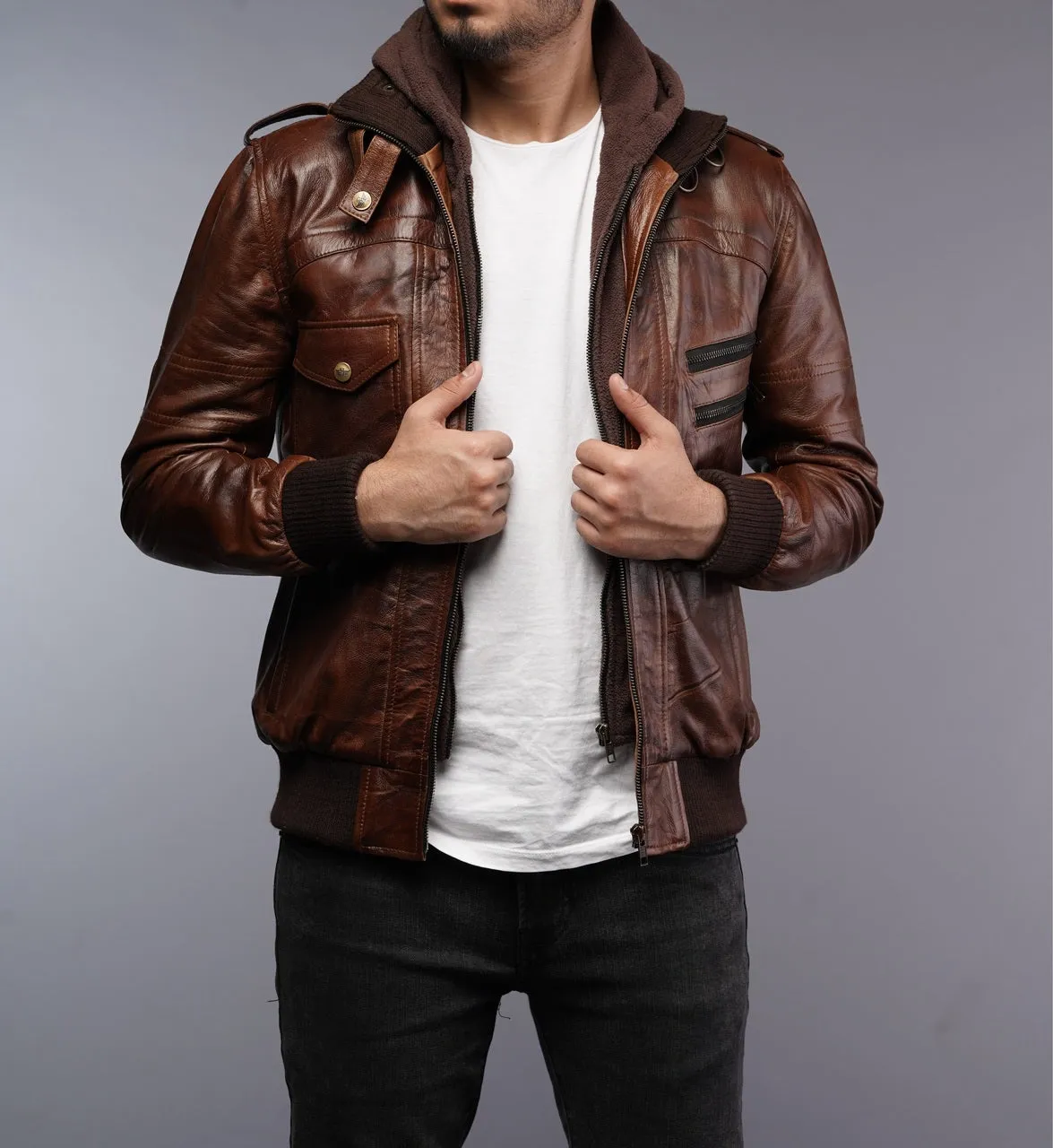 Mens Removable Hoodie Waxed Brown Leather Jacket