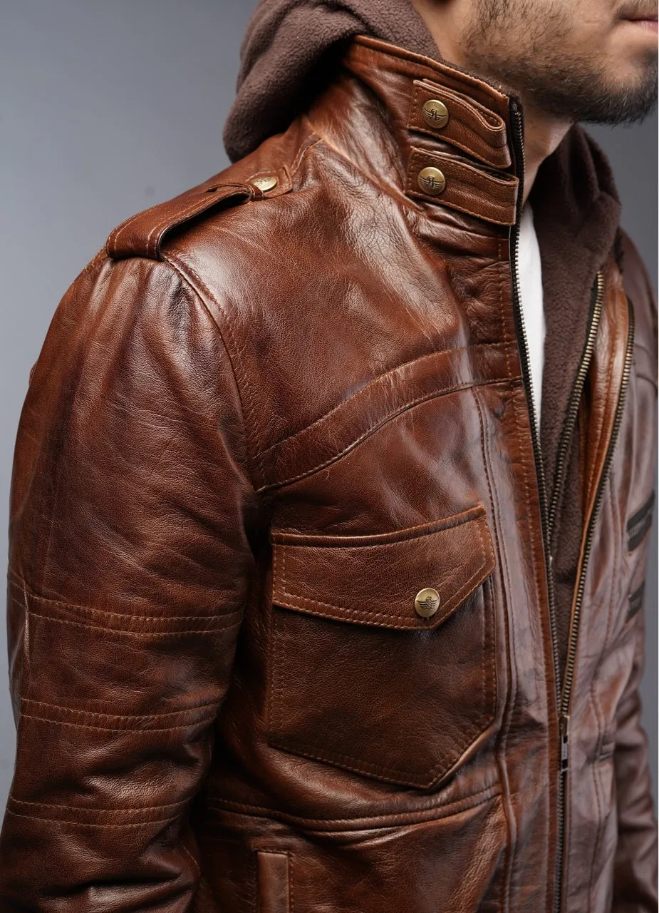 Mens Removable Hoodie Waxed Brown Leather Jacket