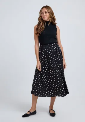 Mila Side Slit Daisy Print Midi Skirt In Black