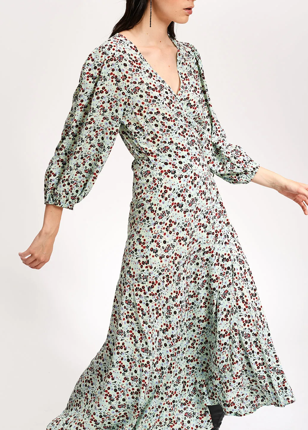 Mint green floral-print wrap maxi dress